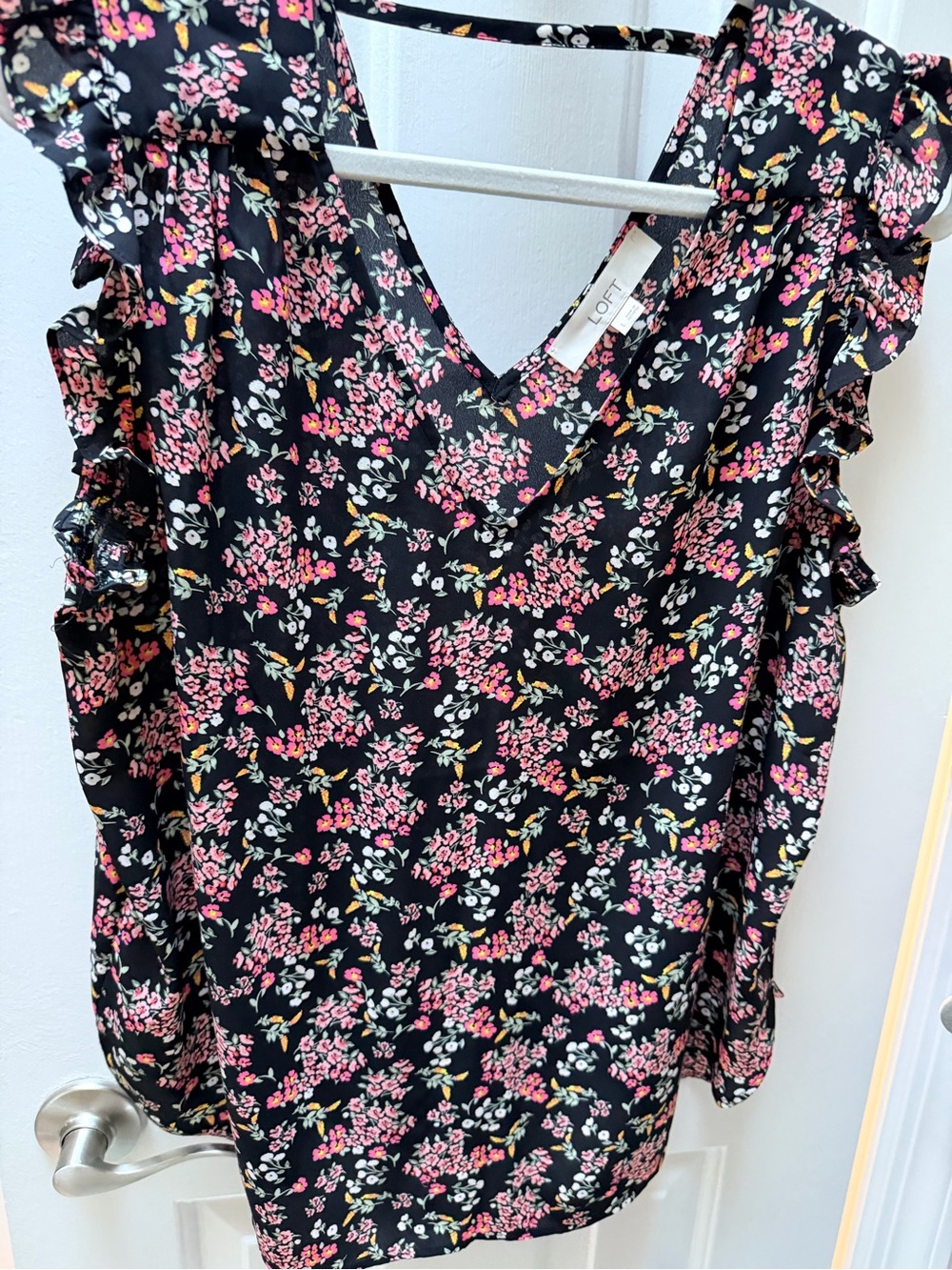 LOFT Black Pink Floral Ruffle V-Neck Blouse